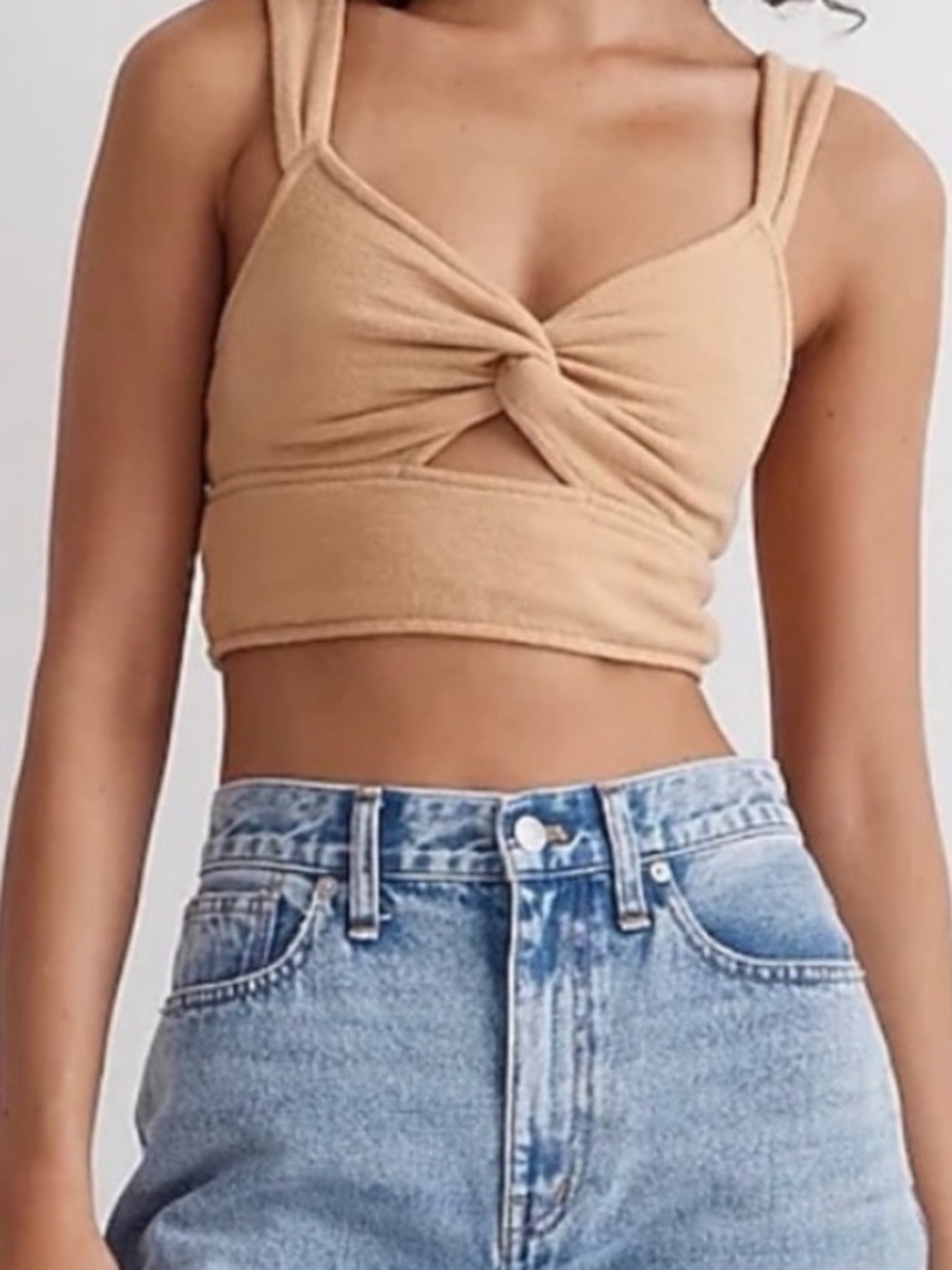 Madewell Cut Out Front Knot Tan Neutral Crop Tank Top Textured Cotton Size S